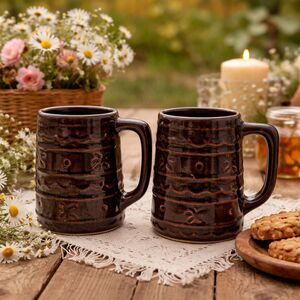 Mar-crest Daisy Dot Brown Stoneware Steins Coffee Mugs VTG USA 16 oz Set of 2
